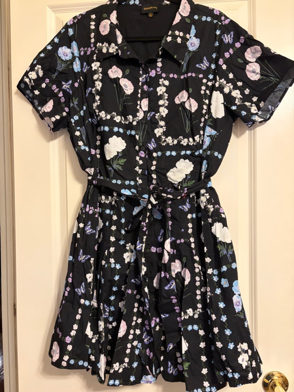 Sugarlips Black Floral Button-Front Dress with Pastel Blooms